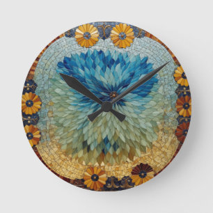 Horloge Ronde Cadran floral bleu vert mosaïque