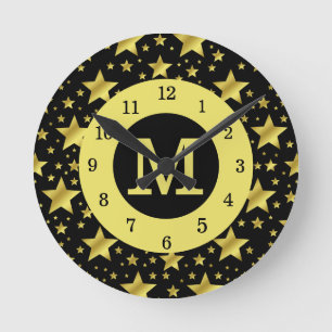 Horloge Ronde Cadran Rond Monogrammé Cadre Étoiles Dorées Noires