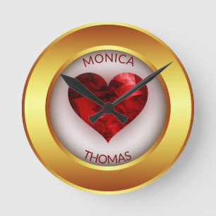 Horloge Ronde Cadre Cercle Or Et Coeur Rouge