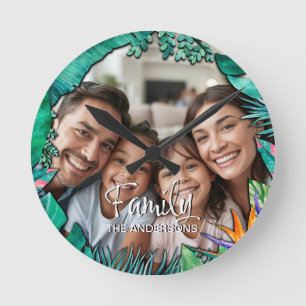 Horloge Ronde Cadre de photo de famille personnalisé tropical aq