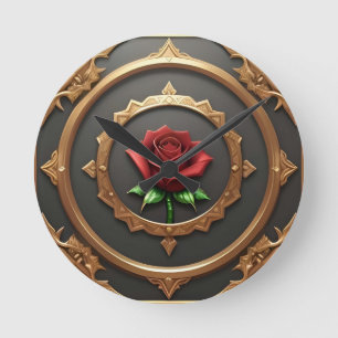 Horloge Ronde Cadre doré complexe avec rose rouge