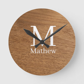 Horloge Ronde cadre en bois marron motif monogramme nom rustique