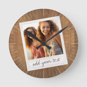 Horloge Ronde Cadre photo rustique avec carré Instagram et bois