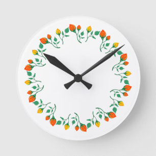 Horloge Ronde Cadre rond floral avec fleurs de rose jaune et rou