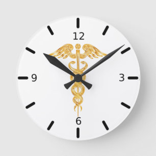 Horloge Ronde Caducée d'or à l'horloge ronde blanche