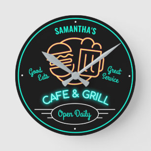 Horloge Ronde Cafe Grill Retro Fifties Neon Effet N'importe quel