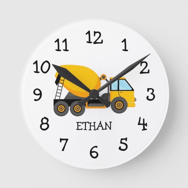 Horloge Ronde Camion ciment Jaune Chambre d'enfant personnalisée (Recto)