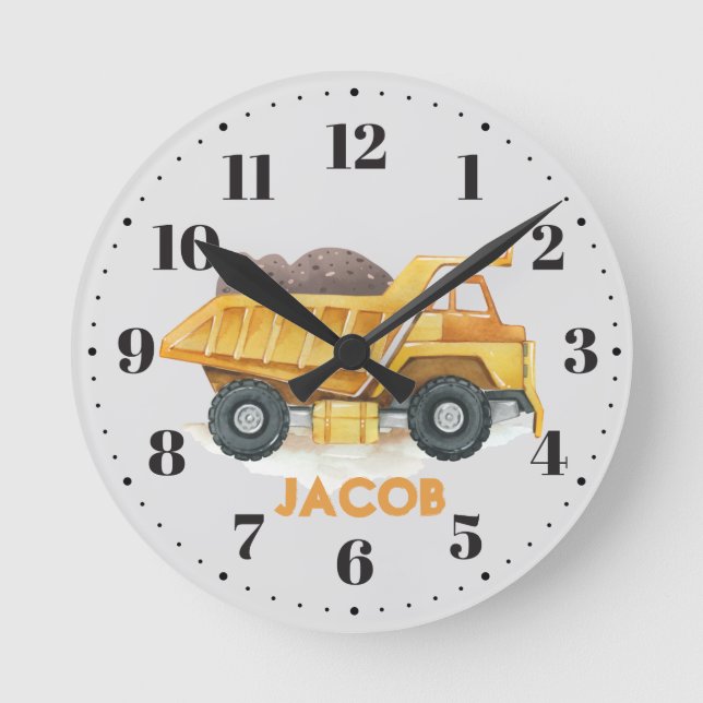 Horloge Ronde Camion Jaune Boys Chambre Nom personnalisé (Recto)