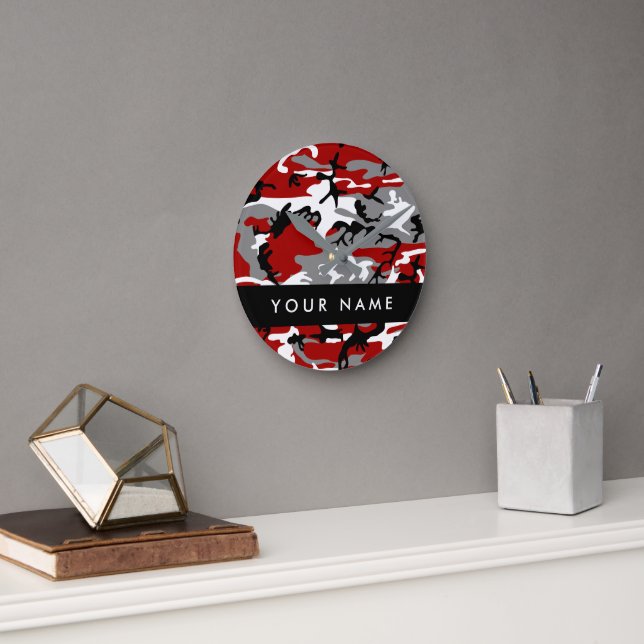 Horloge Ronde Camouflage rouge et gris Votre nom Personnaliser (Bureau)