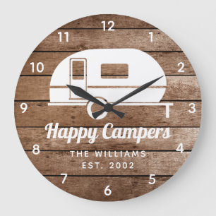 Horloge Ronde Campeurs heureux Camping rustique en bois Grande h
