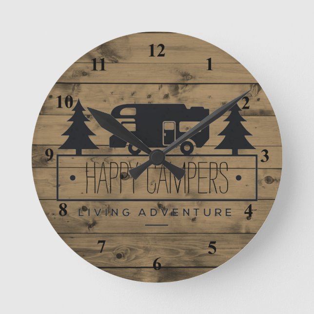Horloge Ronde Campeurs Rustic Wood heureux | Retraite à la retra (Recto)