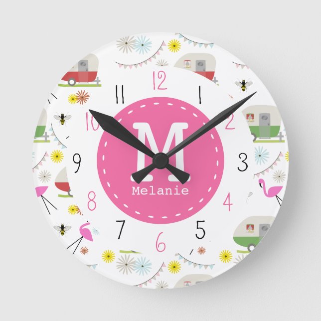Horloge Ronde Caravanes Retro et Flamingos (Recto)