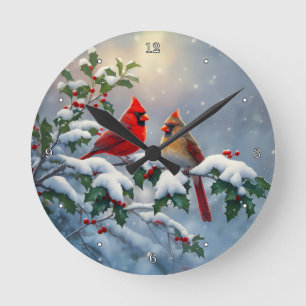 Horloge Ronde Cardinaux rouges et Holly en neige