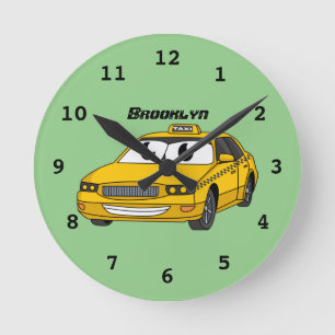 Horloge Ronde Caricature amusante de taxi jaune mignon