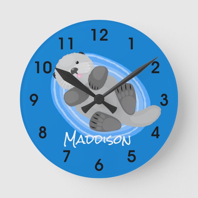 Horloge Ronde Caricature bleu loutre de mer joyeux (Recto)