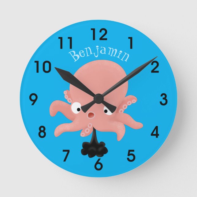 Horloge Ronde Caricature de bébé pieuvre rose mignonne humour (Recto)