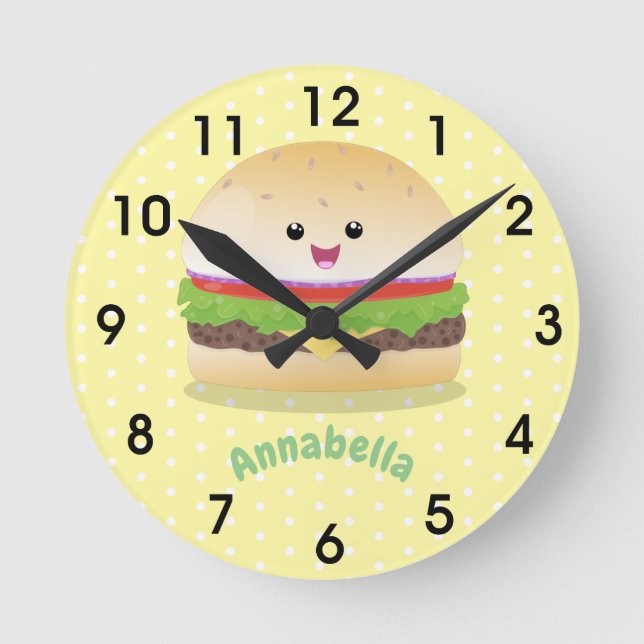 Horloge Ronde Caricature de hamburger kawaii joli 24h/24 (Recto)
