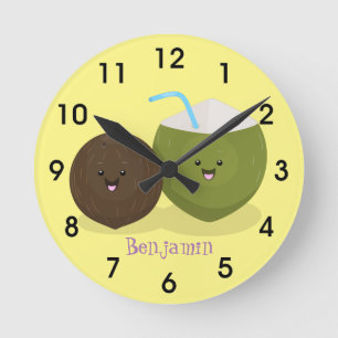 Horloge Ronde Caricature de noix de coco kawaii joyeux