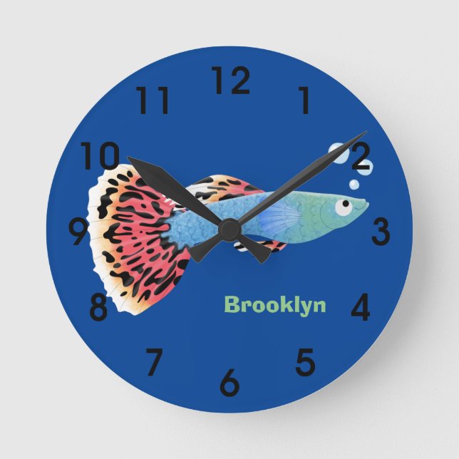 Horloge Ronde Caricature de poisson tropical guppy très chic (Recto)