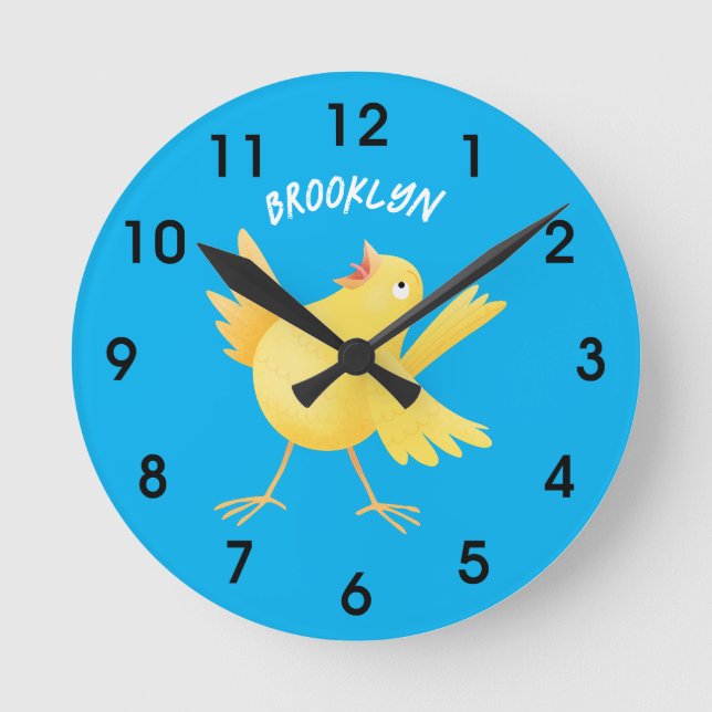 Horloge Ronde Caricature d'oiseau canari jaune chantant mignon (Recto)
