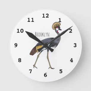 Horloge Ronde Caricature d'oiseau de grue couronné gris