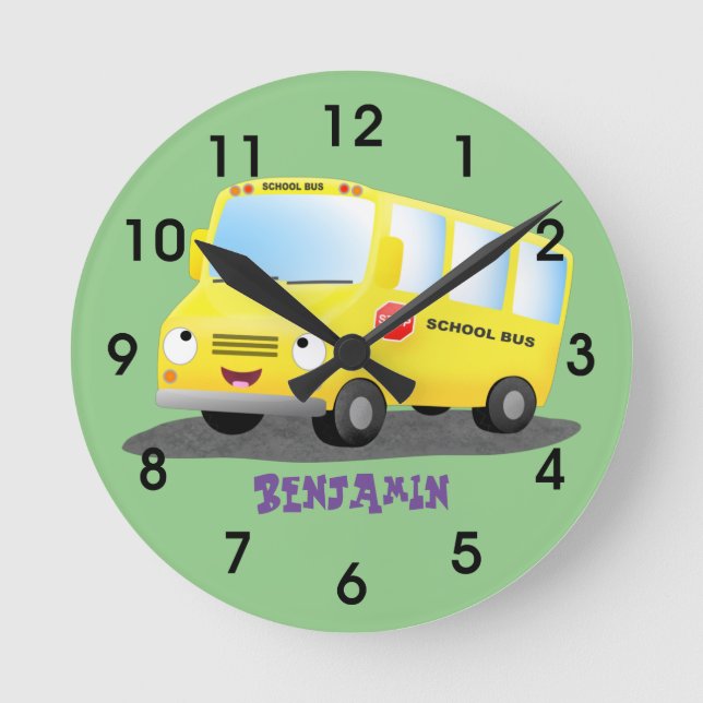 Horloge Ronde Caricature du bus scolaire jaune joyeux (Recto)