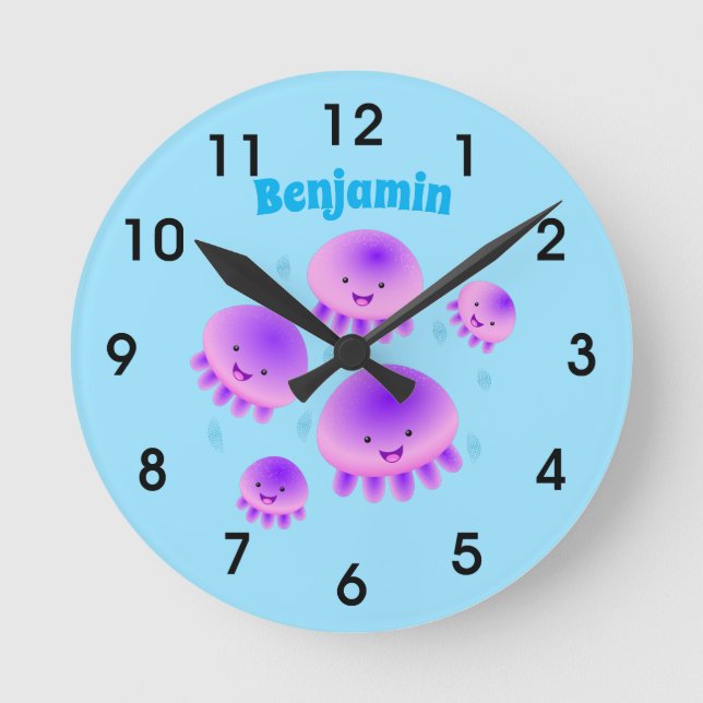Horloge Ronde Caricature kawaii de méduse mauve rose (Recto)