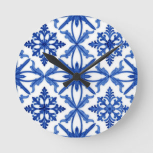 Horloge Ronde Carreau Azulejo Bleu Blanc Motif Floral