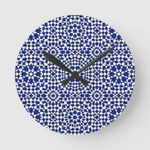 Horloge Ronde Carreaux Mosaïques Géométriques Bleu Marine