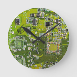 Horloge Ronde Carte de circuit Geek d'ordinateur vert clair