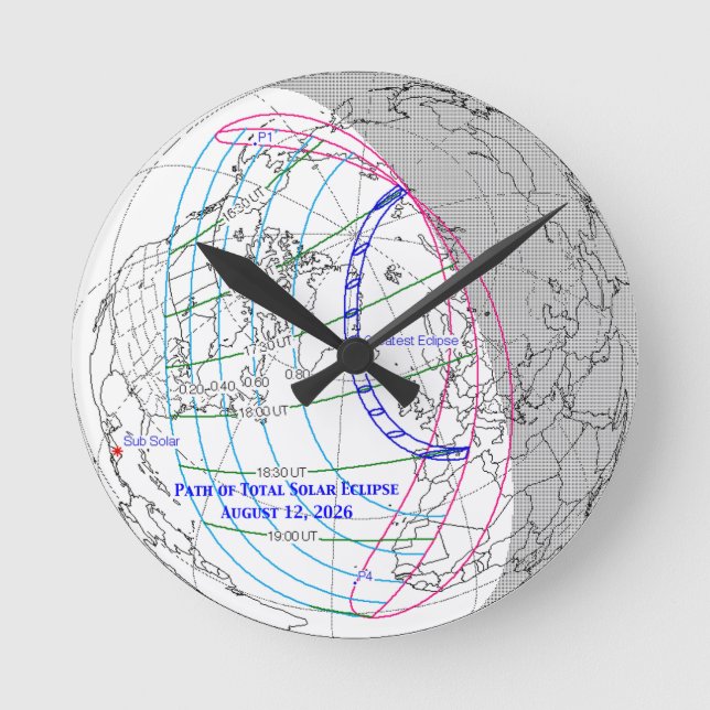 Horloge Ronde Carte de l'éclipse solaire totale 2026 (Recto)