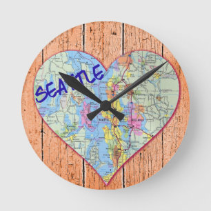 Horloge Ronde Carte de Seattle en forme de cœur
