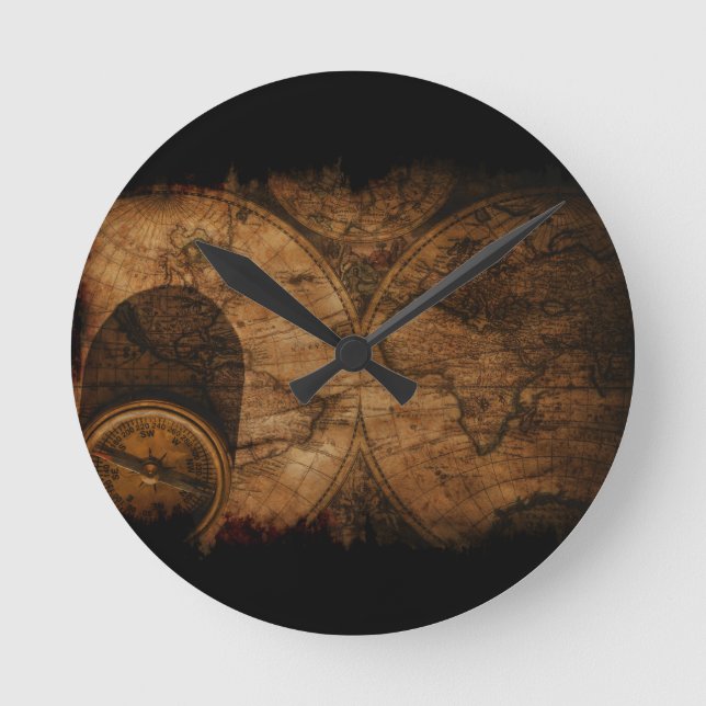 Horloge Ronde Carte et boussole du vieux monde rustique (Recto)