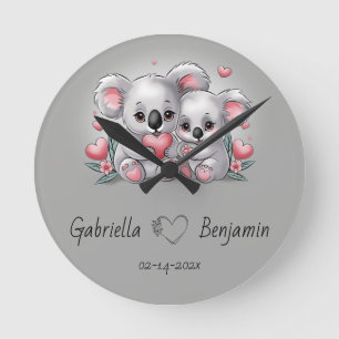 Horloge Ronde Cartoon Cute Koala Les amoureux du coeur Saint Val