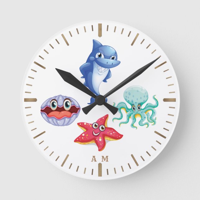 Horloge Ronde Cartoon mignon Requin Octopus Starfish Shell Monog (Recto)