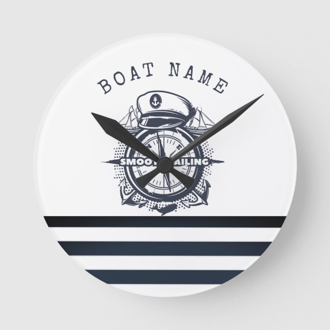 Horloge Ronde Casquette nautique, Ancre, Roue Marine Bleu rayé (Recto)