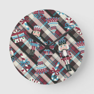 Horloge Ronde Casse-Noisette de Noël Carreaux Bleu Bourgogne