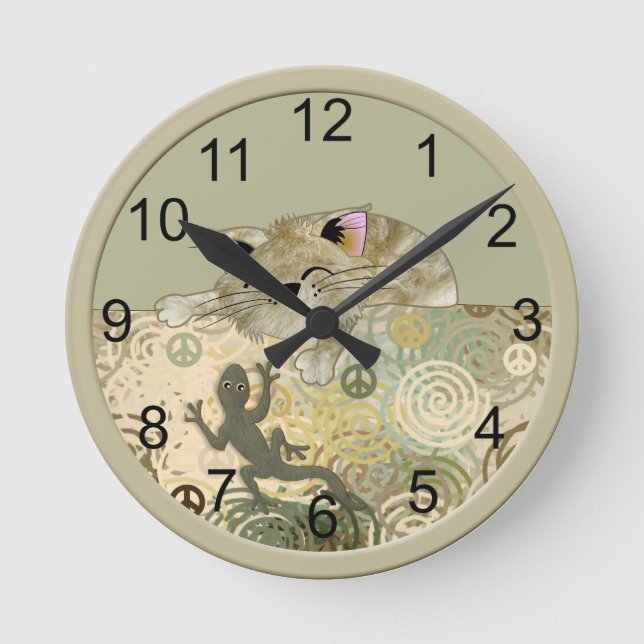 Horloge Ronde ☮ Cat et le Lizard Wall Clock (Recto)