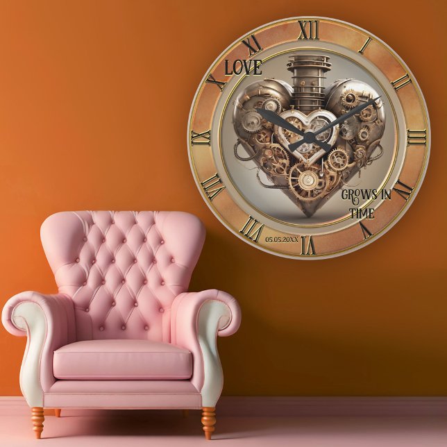 Horloge Ronde Célébration de l'anniversaire de mariage Steampunk (Wall clock featuring a steampunk heart with vintage Roman clock numbers in a gold classic style)