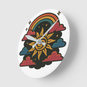 Horloge Ronde Céleste Dreams - Retro Sun & Rainbow Tarot Art