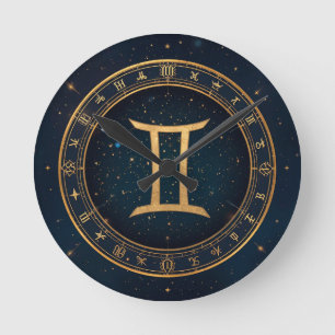 Horloge Ronde Cercle Zodiacal Gémeaux Dorés avec Nuit Étoilée