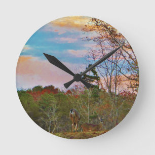 Horloge Ronde Cerf avec ciel bleu rose
