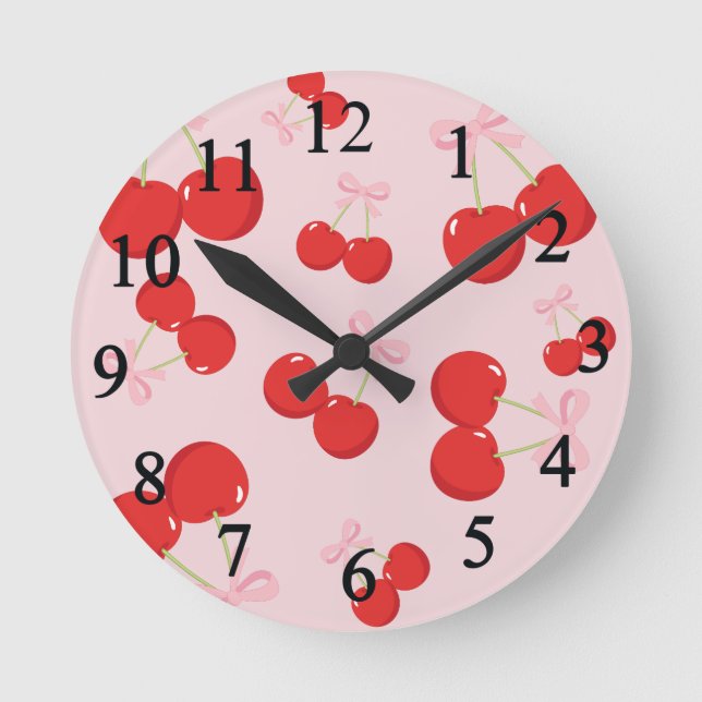 Horloge Ronde Cerises Rouges avec Nœud Rose Coquette Chic Cottag (Recto)