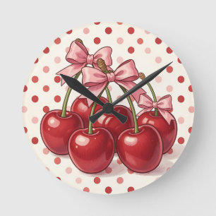 Horloge Ronde Cerises Rouges Douces Rubans Roses Rétro Points 