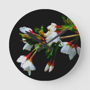 Horloge Ronde Cerisier en fleurs minimaliste noir et blanc