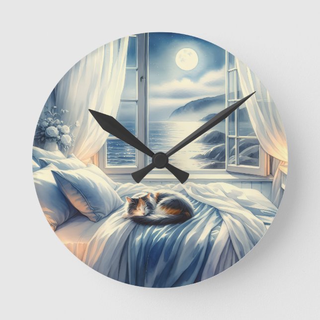 Horloge Ronde Chambre côtière au clair de lune avec chat endormi (Recto)