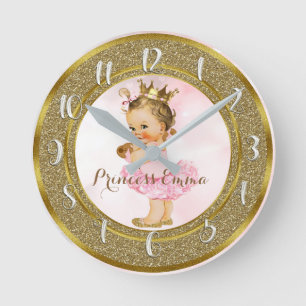 Horloge Ronde Chambre de bébé fille personnalisée rose et or vin