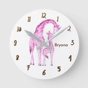 Horloge Ronde Chambre de bébé Jungle avec girafes roses personna