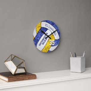 Horloge Ronde chambre de volley-ball sportive en or bleu