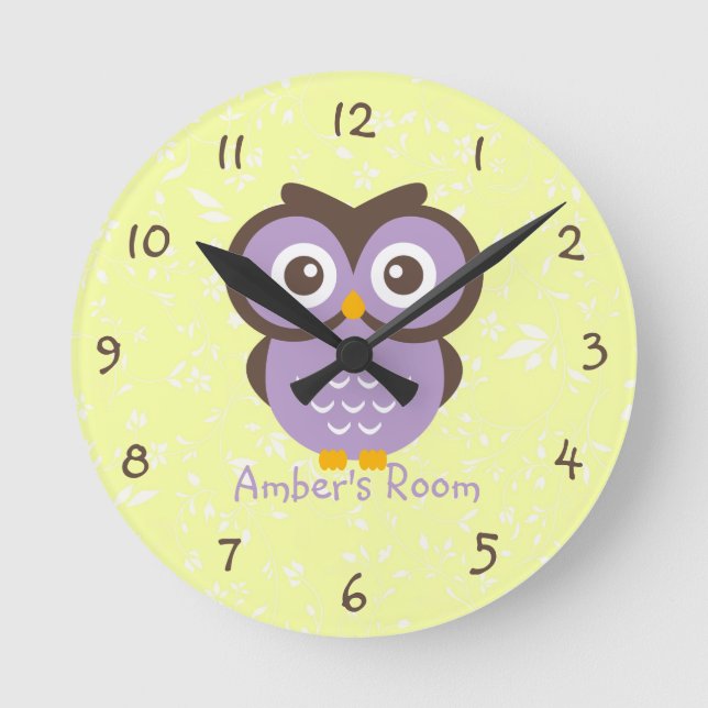 Horloge Ronde Chambre pour enfants personnalisée Chouette pourpr (Recto)